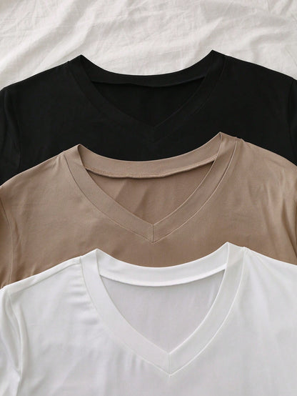 Plus Size Women Short Sleeve V-Neck Solid Color Casual Everyday T-Shirt