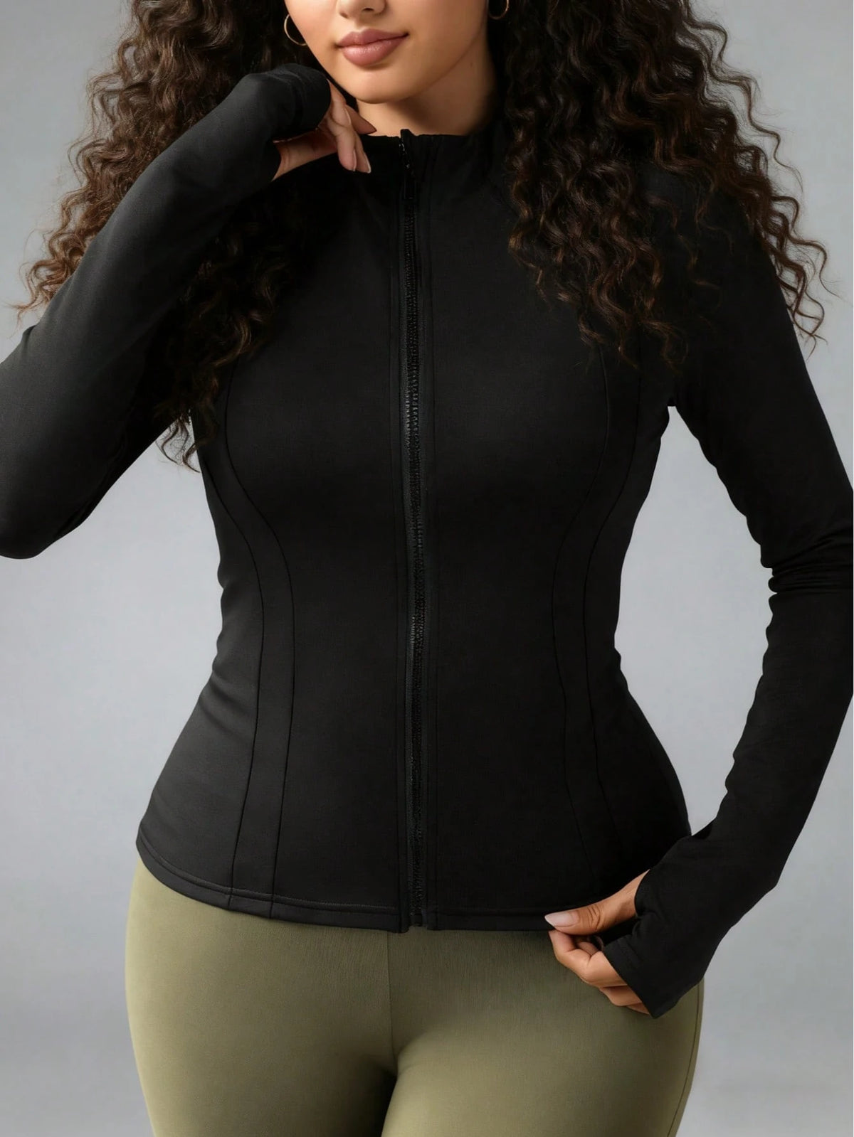 Plus Size Women Sports Jacket, Casual Lightweight Slim Fit Workout Jacket With Thumb Hole Zipper, Suitable For Yoga, Fitness, Running, Cycling, Daily Wear Black Spring