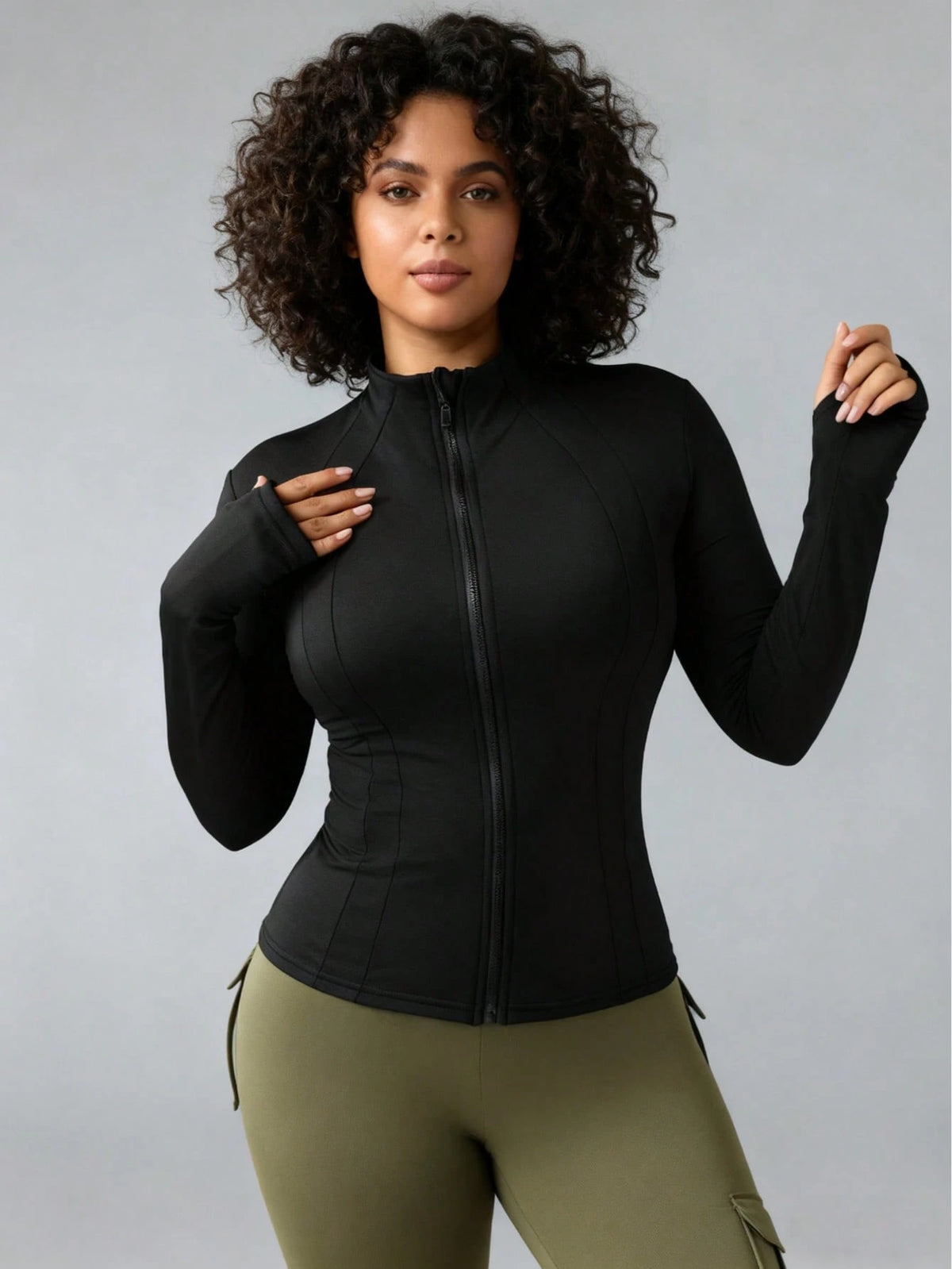Plus Size Women Sports Jacket, Casual Lightweight Slim Fit Workout Jacket With Thumb Hole Zipper, Suitable For Yoga, Fitness, Running, Cycling, Daily Wear Black Spring