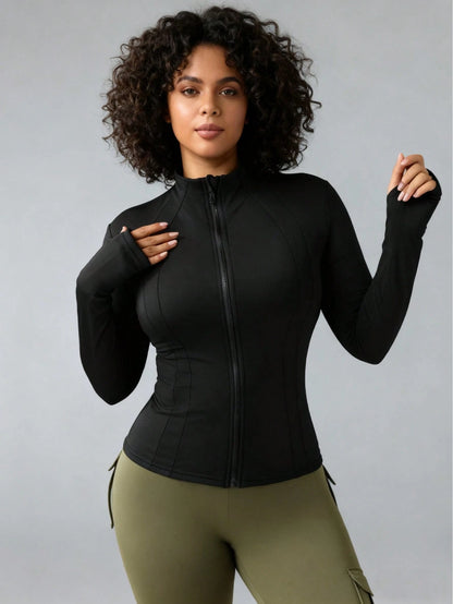 Plus Size Women Sports Jacket, Casual Lightweight Slim Fit Workout Jacket With Thumb Hole Zipper, Suitable For Yoga, Fitness, Running, Cycling, Daily Wear Black Spring