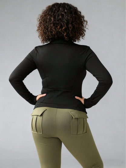 Plus Size Women Sports Jacket, Casual Lightweight Slim Fit Workout Jacket With Thumb Hole Zipper, Suitable For Yoga, Fitness, Running, Cycling, Daily Wear Black Spring