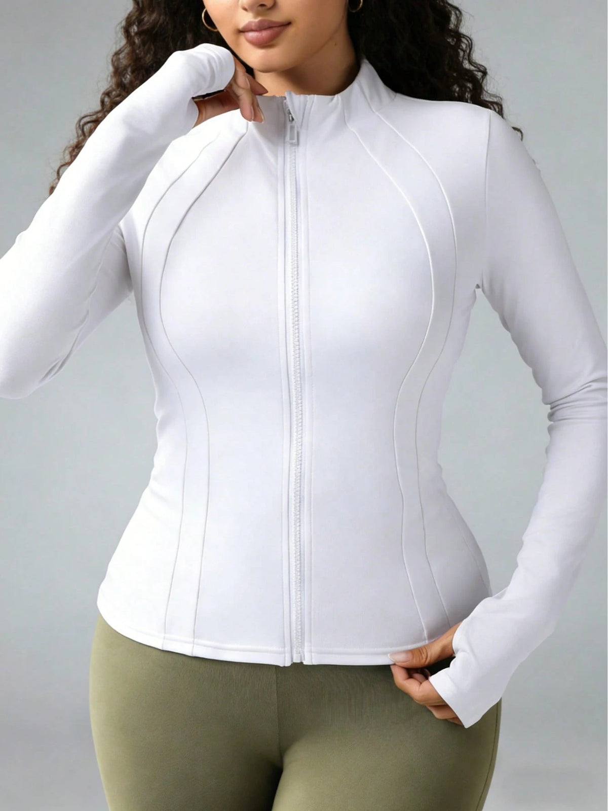 Plus Size Women Sports Jacket, Casual Lightweight Slim Fit Workout Jacket With Thumb Hole Zipper, Suitable For Yoga, Fitness, Running, Cycling, Daily Wear Black Spring