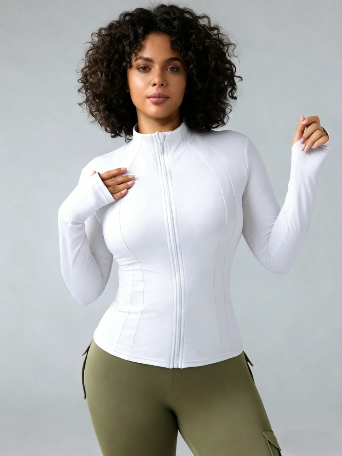 Plus Size Women Sports Jacket, Casual Lightweight Slim Fit Workout Jacket With Thumb Hole Zipper, Suitable For Yoga, Fitness, Running, Cycling, Daily Wear Black Spring