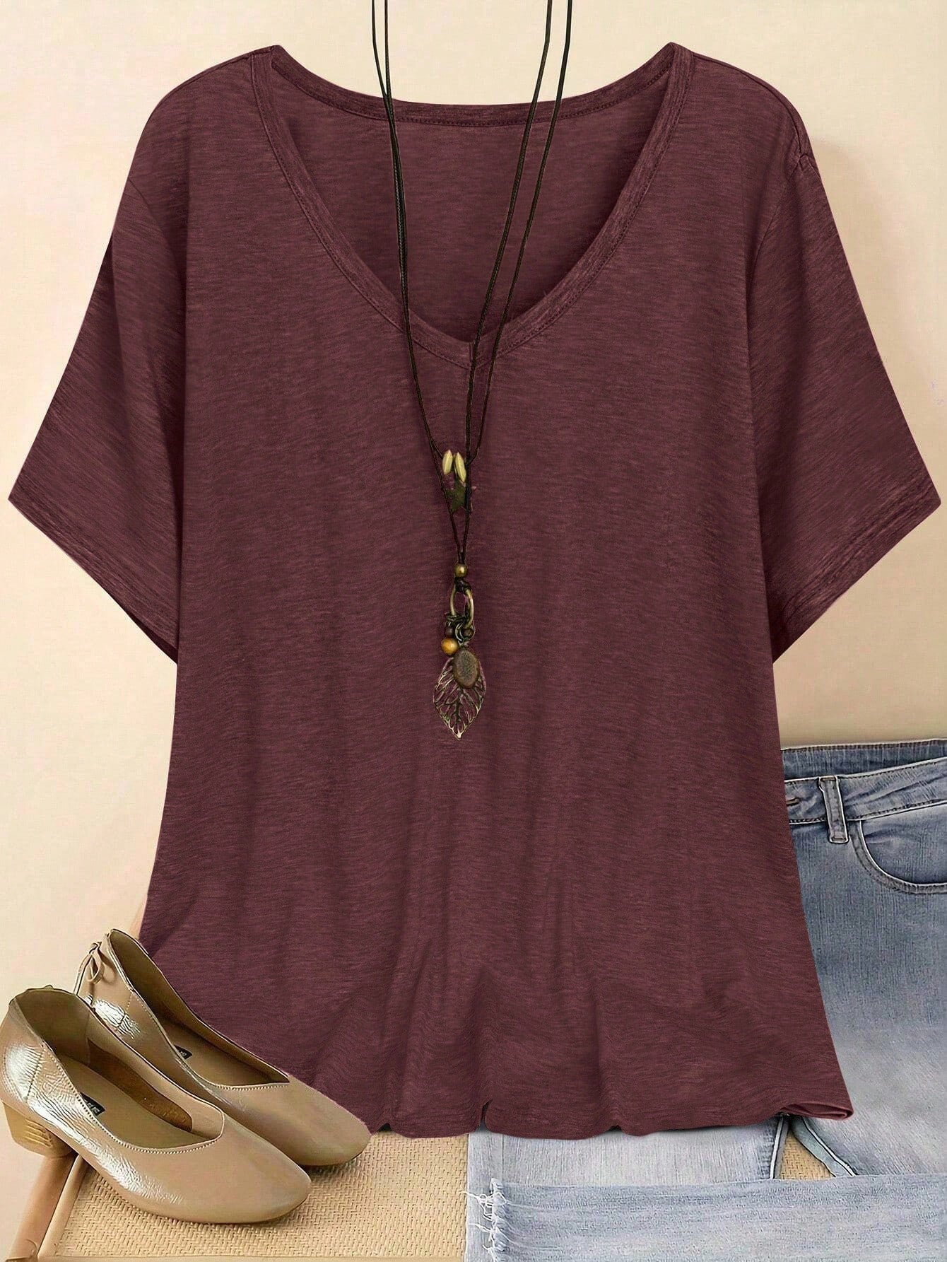 Plus Size Women V-Neck Loose Solid T-Shirt, Casual & Simple, Summer