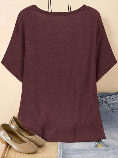 Plus Size Women V-Neck Loose Solid T-Shirt, Casual & Simple, Summer