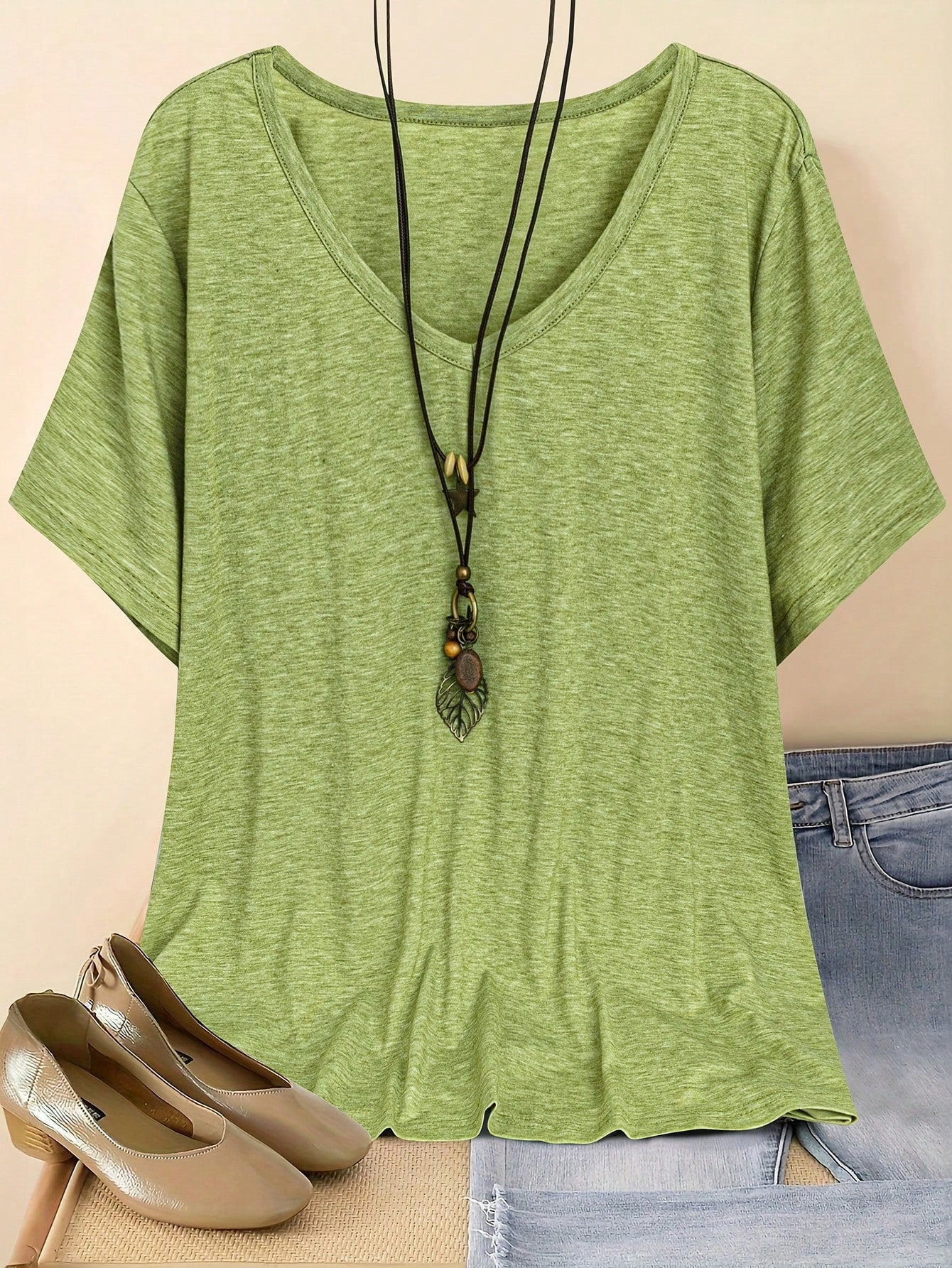 Plus Size Women V-Neck Loose Solid T-Shirt, Casual & Simple, Summer