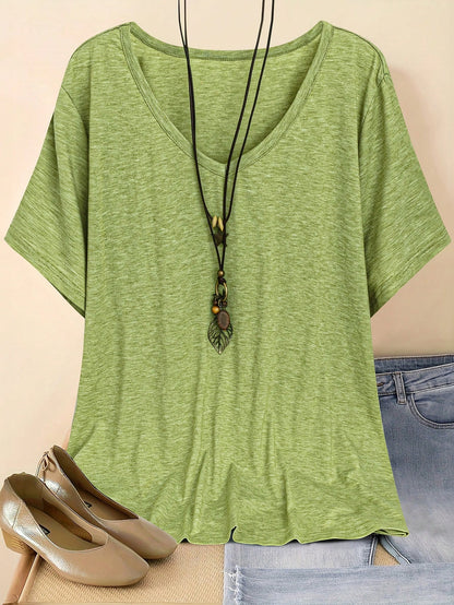 Plus Size Women V-Neck Loose Solid T-Shirt, Casual & Simple, Summer