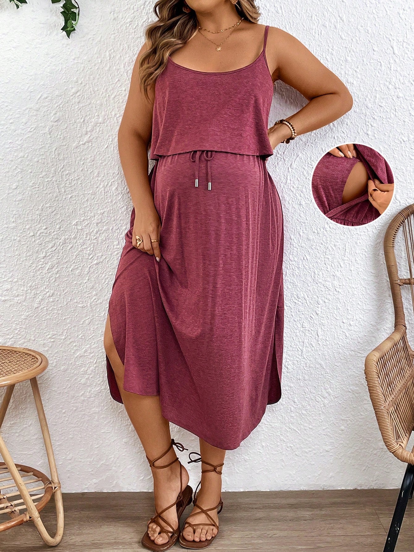 Plussiva Maternity Solid Color Spaghetti Strap Dress, Fashionable For Summer