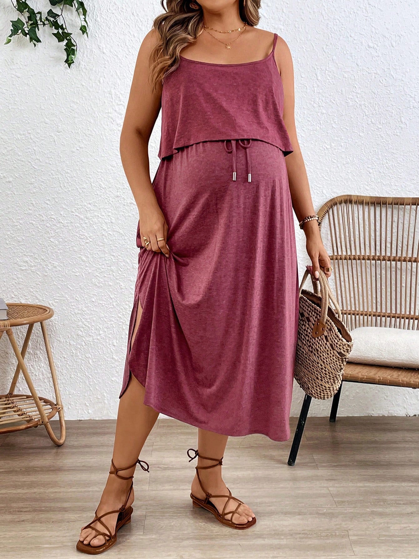 Plussiva Maternity Solid Color Spaghetti Strap Dress, Fashionable For Summer