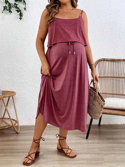 Plussiva Maternity Solid Color Spaghetti Strap Dress, Fashionable For Summer