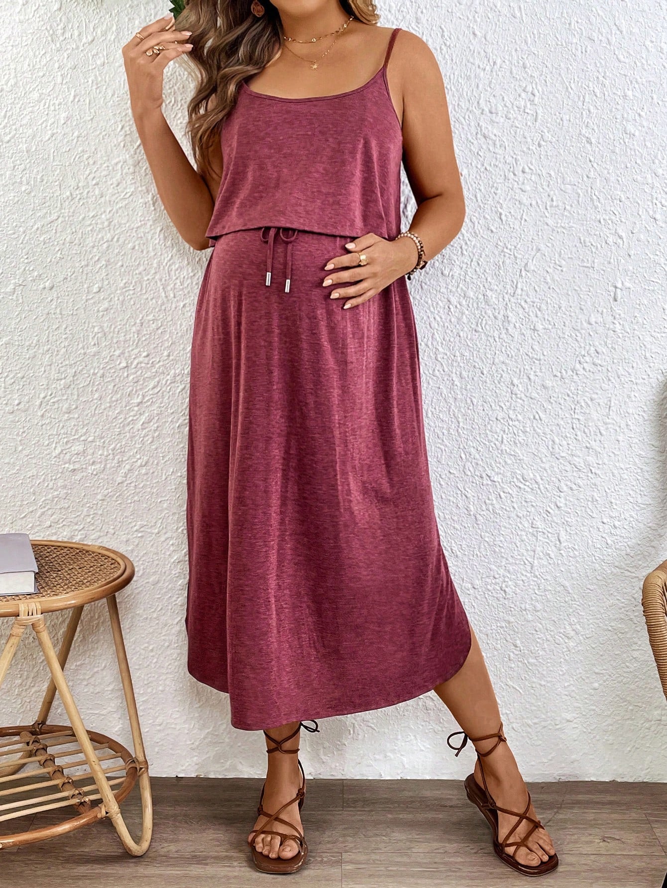 Plussiva Maternity Solid Color Spaghetti Strap Dress, Fashionable For Summer