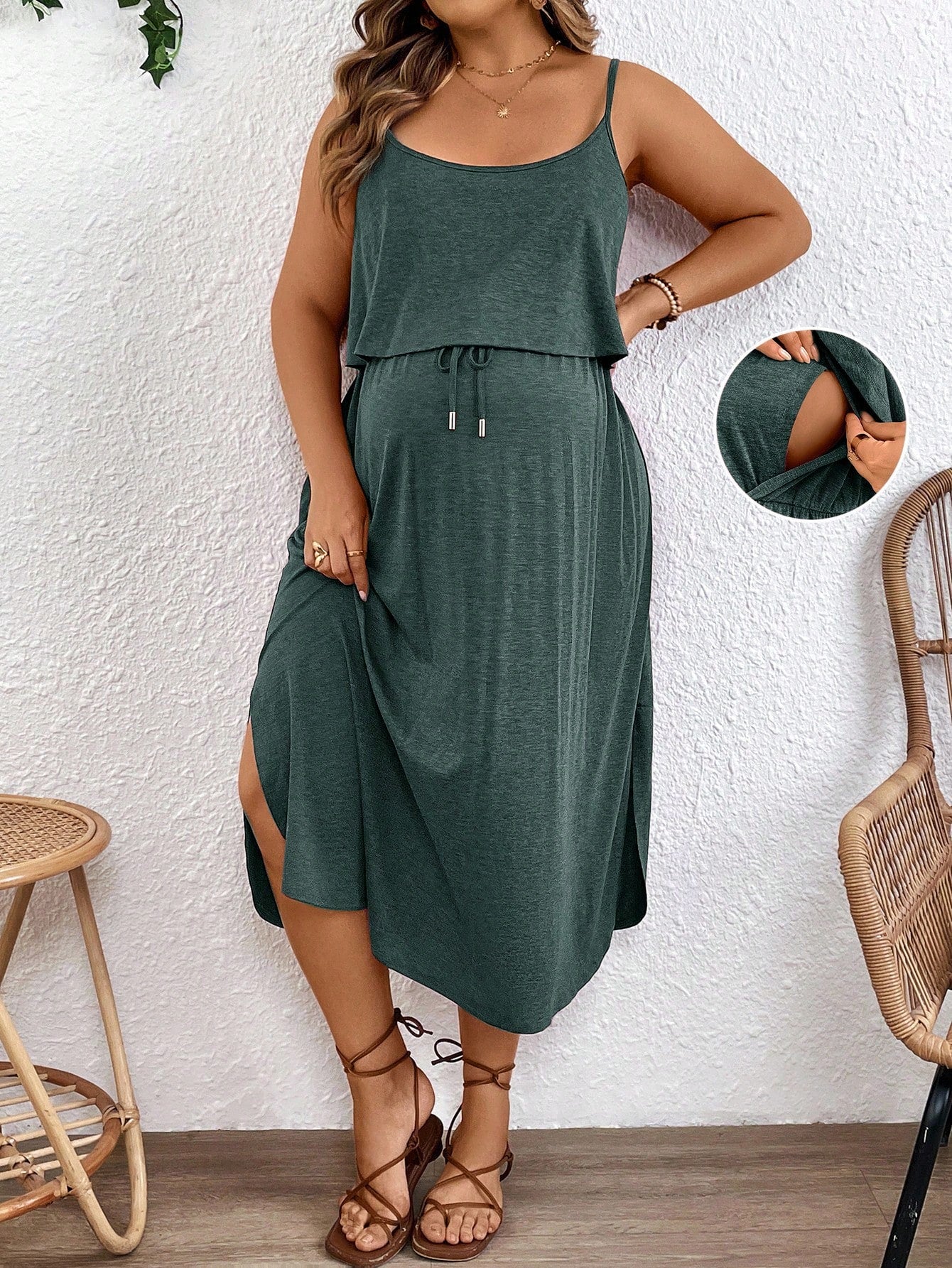 Plussiva Maternity Solid Color Spaghetti Strap Dress, Fashionable For Summer