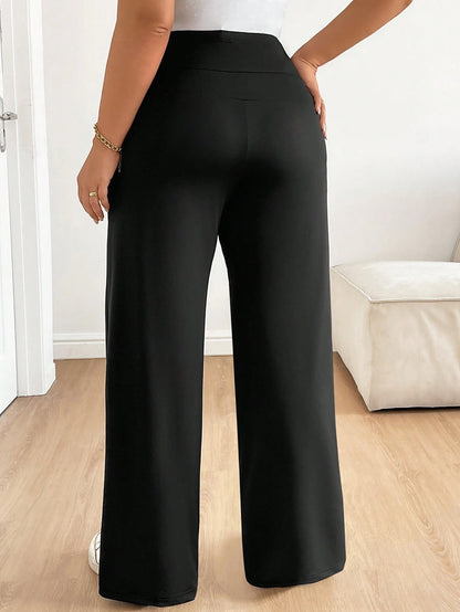 Plussiva Plus-Size Black Maternity Pants With Elastic Waistband,Pockets,Comfort Support For Pregnant Woman,Casual Everyday Autumn Summer Maternity Wear Fall