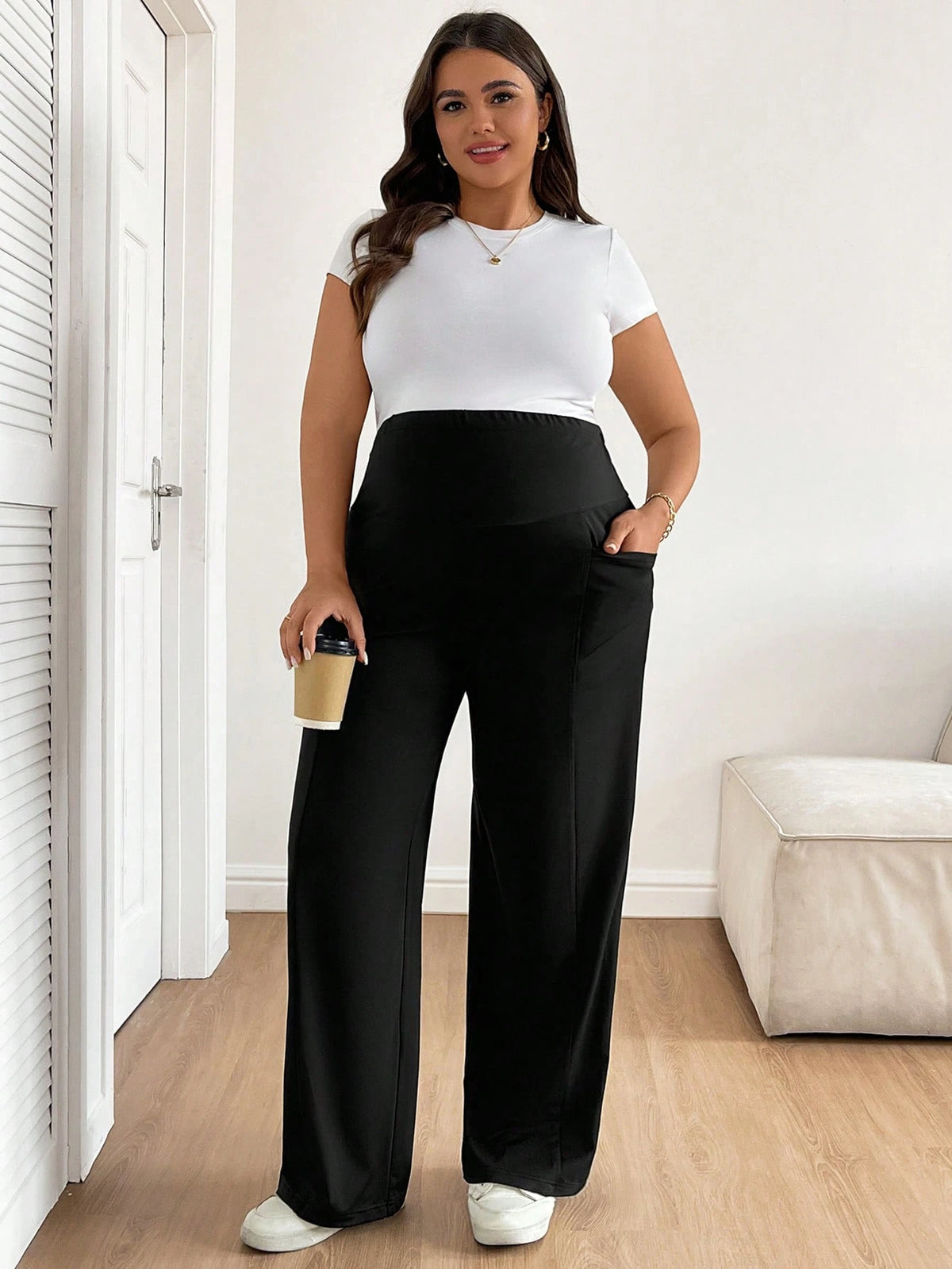 Plussiva Plus-Size Black Maternity Pants With Elastic Waistband,Pockets,Comfort Support For Pregnant Woman,Casual Everyday Autumn Summer Maternity Wear Fall
