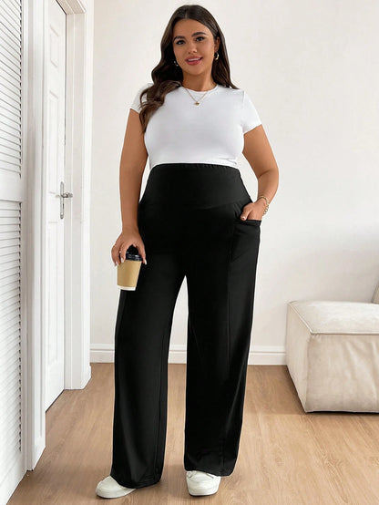 Plussiva Plus-Size Black Maternity Pants With Elastic Waistband,Pockets,Comfort Support For Pregnant Woman,Casual Everyday Autumn Summer Maternity Wear Fall
