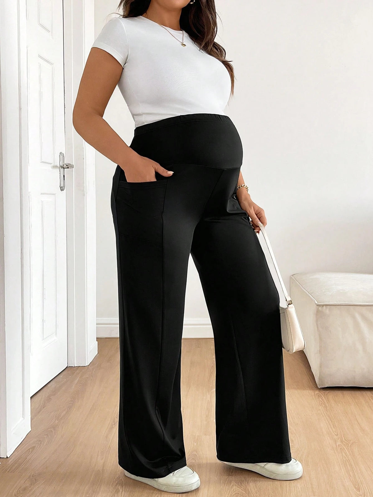 Plussiva Plus-Size Black Maternity Pants With Elastic Waistband,Pockets,Comfort Support For Pregnant Woman,Casual Everyday Autumn Summer Maternity Wear Fall