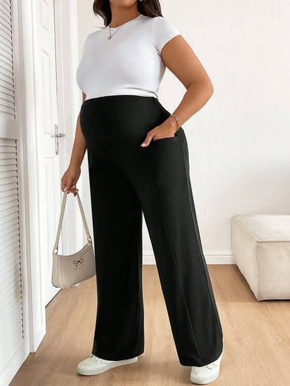 Plussiva Plus-Size Black Maternity Pants With Elastic Waistband,Pockets,Comfort Support For Pregnant Woman,Casual Everyday Autumn Summer Maternity Wear Fall