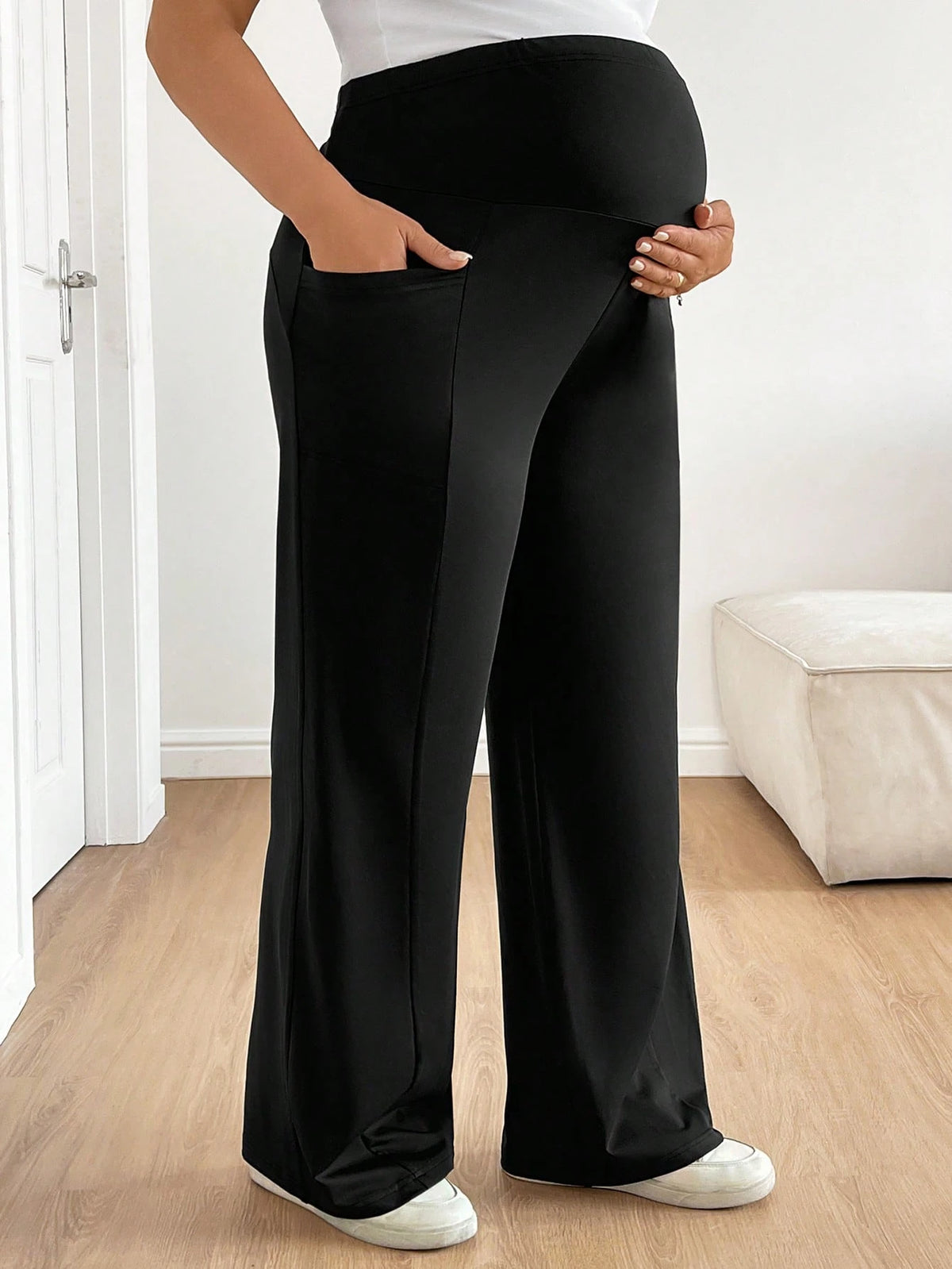 Plussiva Plus-Size Black Maternity Pants With Elastic Waistband,Pockets,Comfort Support For Pregnant Woman,Casual Everyday Autumn Summer Maternity Wear Fall