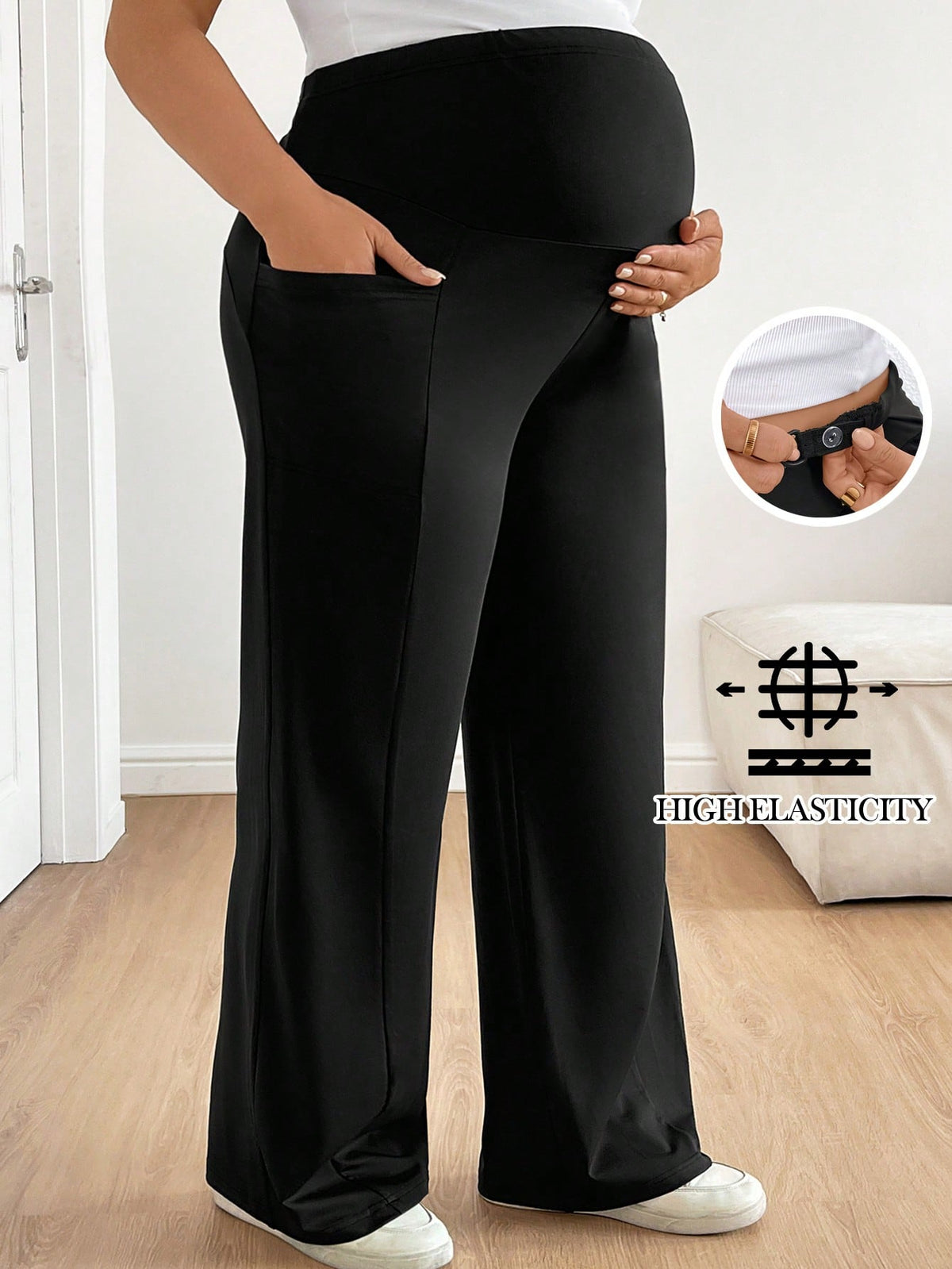 Plussiva Plus-Size Black Maternity Pants With Elastic Waistband,Pockets,Comfort Support For Pregnant Woman,Casual Everyday Autumn Summer Maternity Wear Fall
