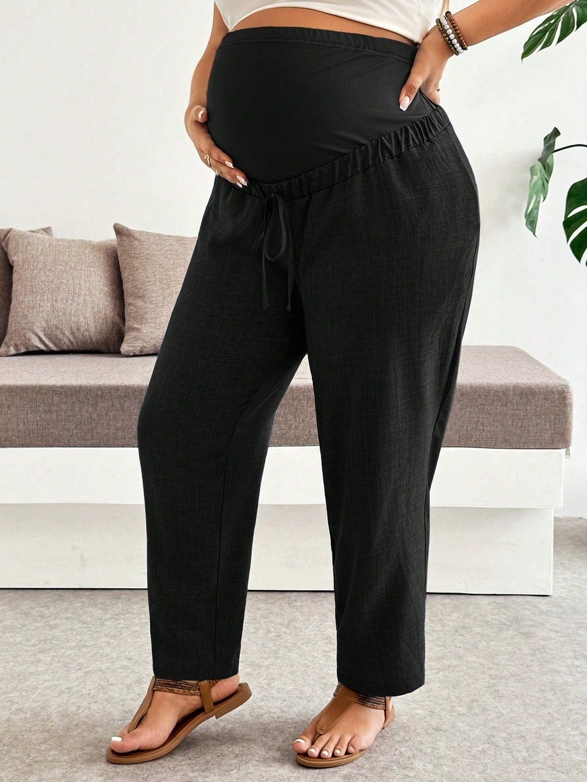 Plussiva Plus Size Maternity Adjustable Waist Casual Long Pants