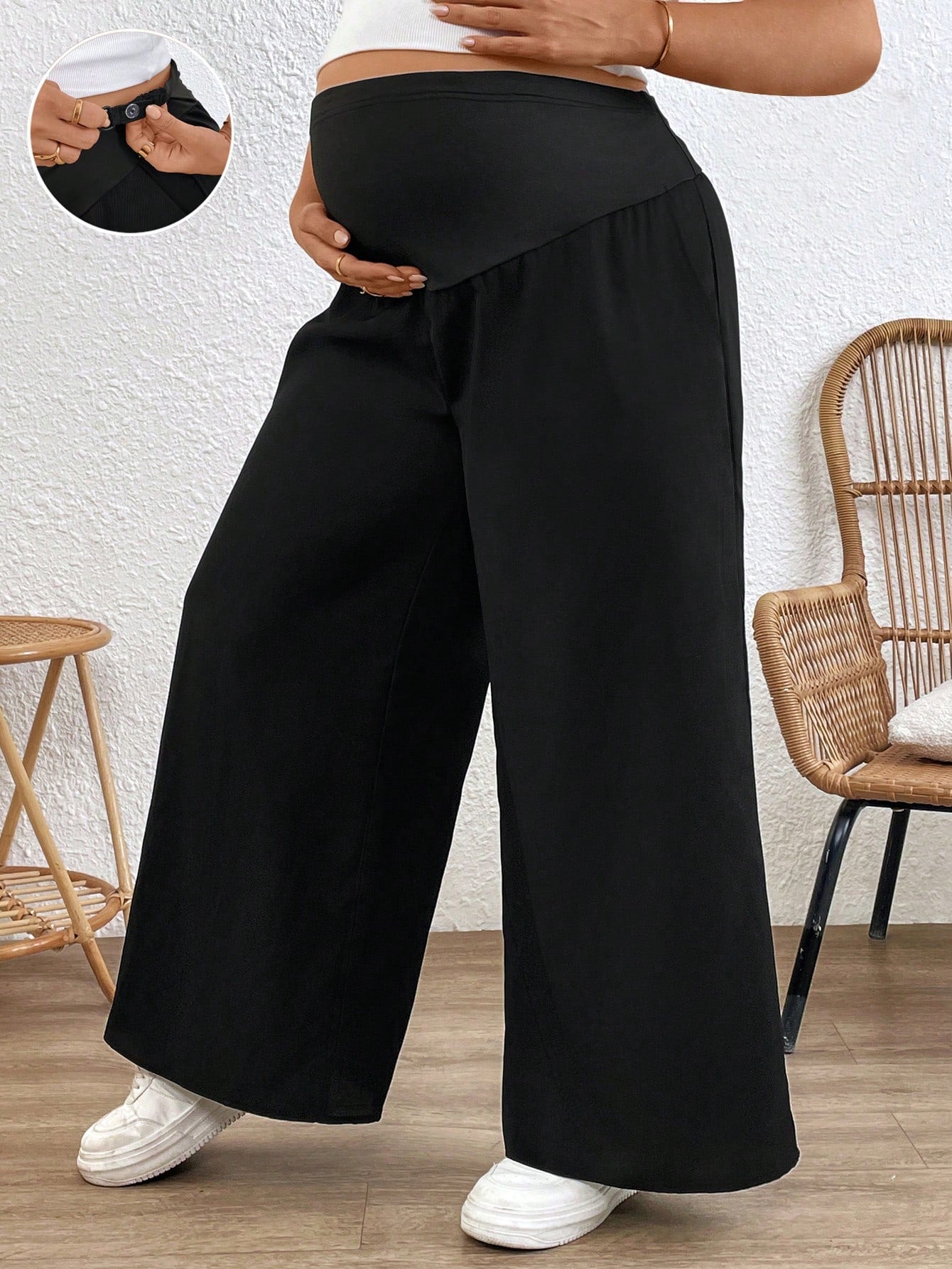 Plussiva Plus Size Maternity Women Solid Color Adjustable Waist Loose Wide Leg Pants