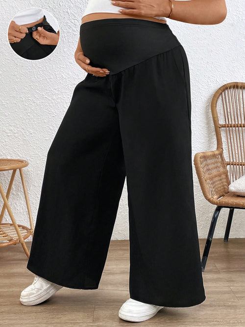 Plussiva Plus Size Maternity Women Solid Color Adjustable Waist Loose Wide Leg Pants