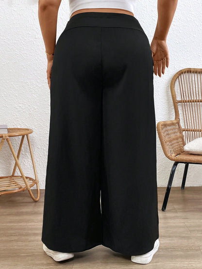 Plussiva Plus Size Maternity Women Solid Color Adjustable Waist Loose Wide Leg Pants