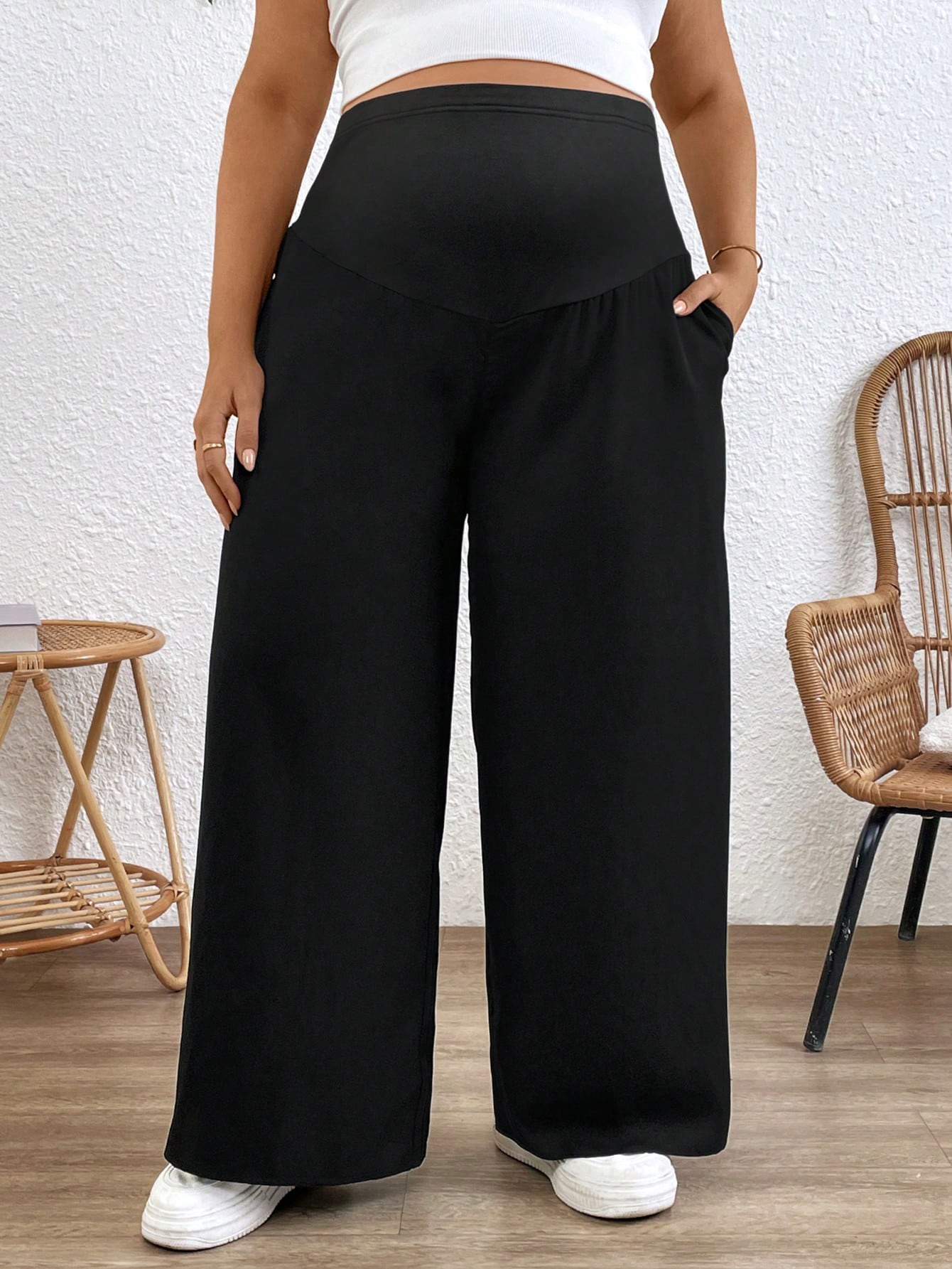 Plussiva Plus Size Maternity Women Solid Color Adjustable Waist Loose Wide Leg Pants
