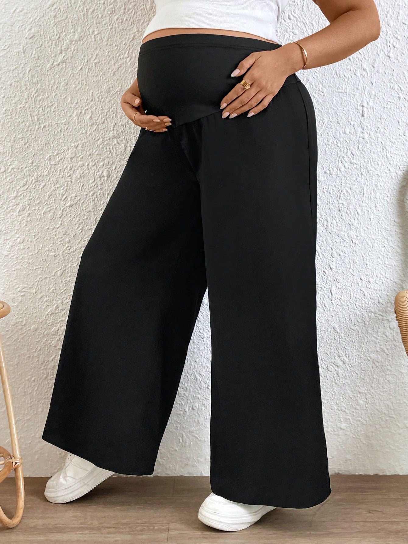 Plussiva Plus Size Maternity Women Solid Color Adjustable Waist Loose Wide Leg Pants