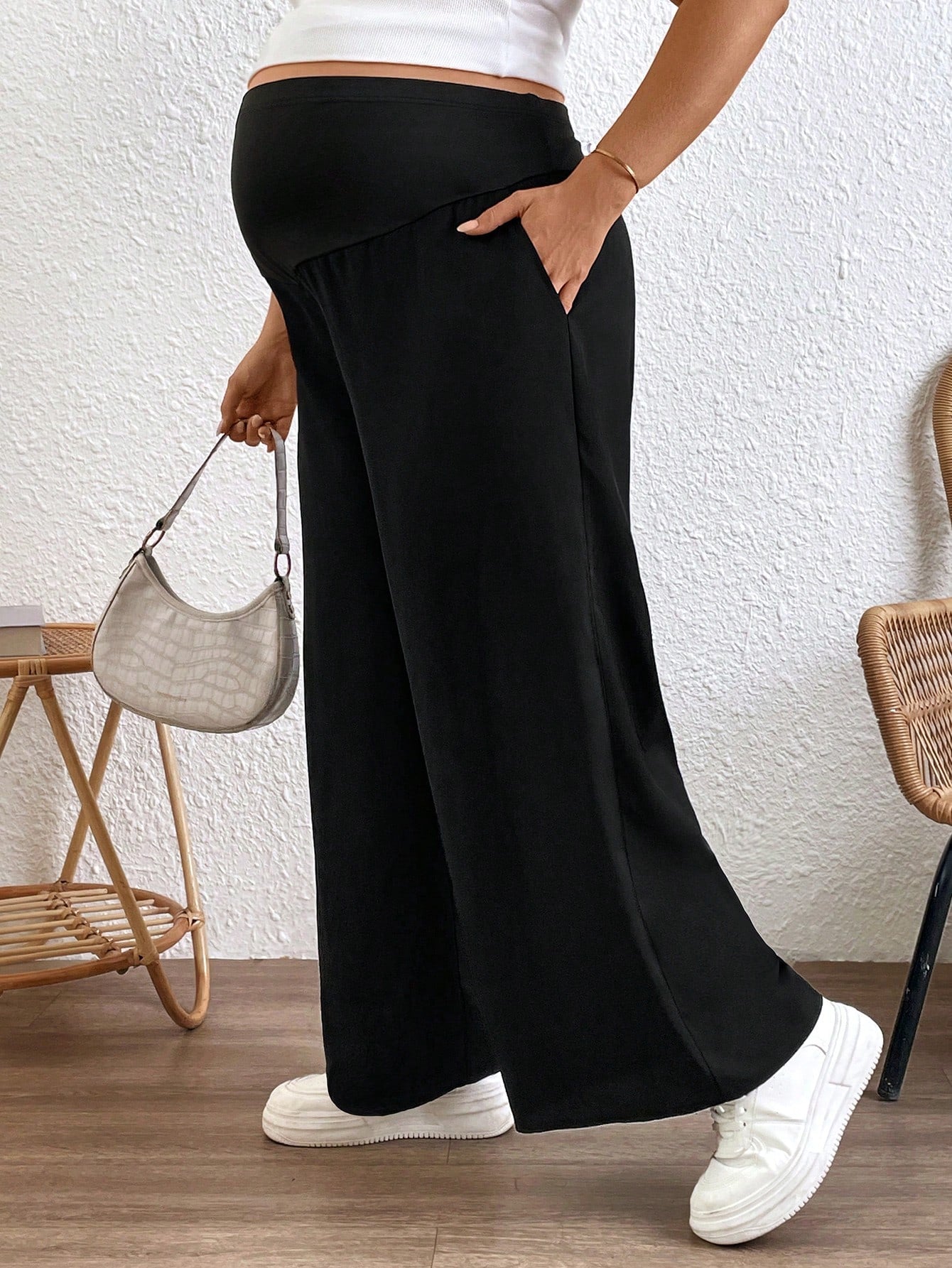 Plussiva Plus Size Maternity Women Solid Color Adjustable Waist Loose Wide Leg Pants
