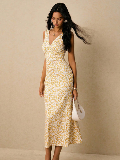 Poéselle Women's Elegant Ditsy Floral Sleeveless Dress For Summer