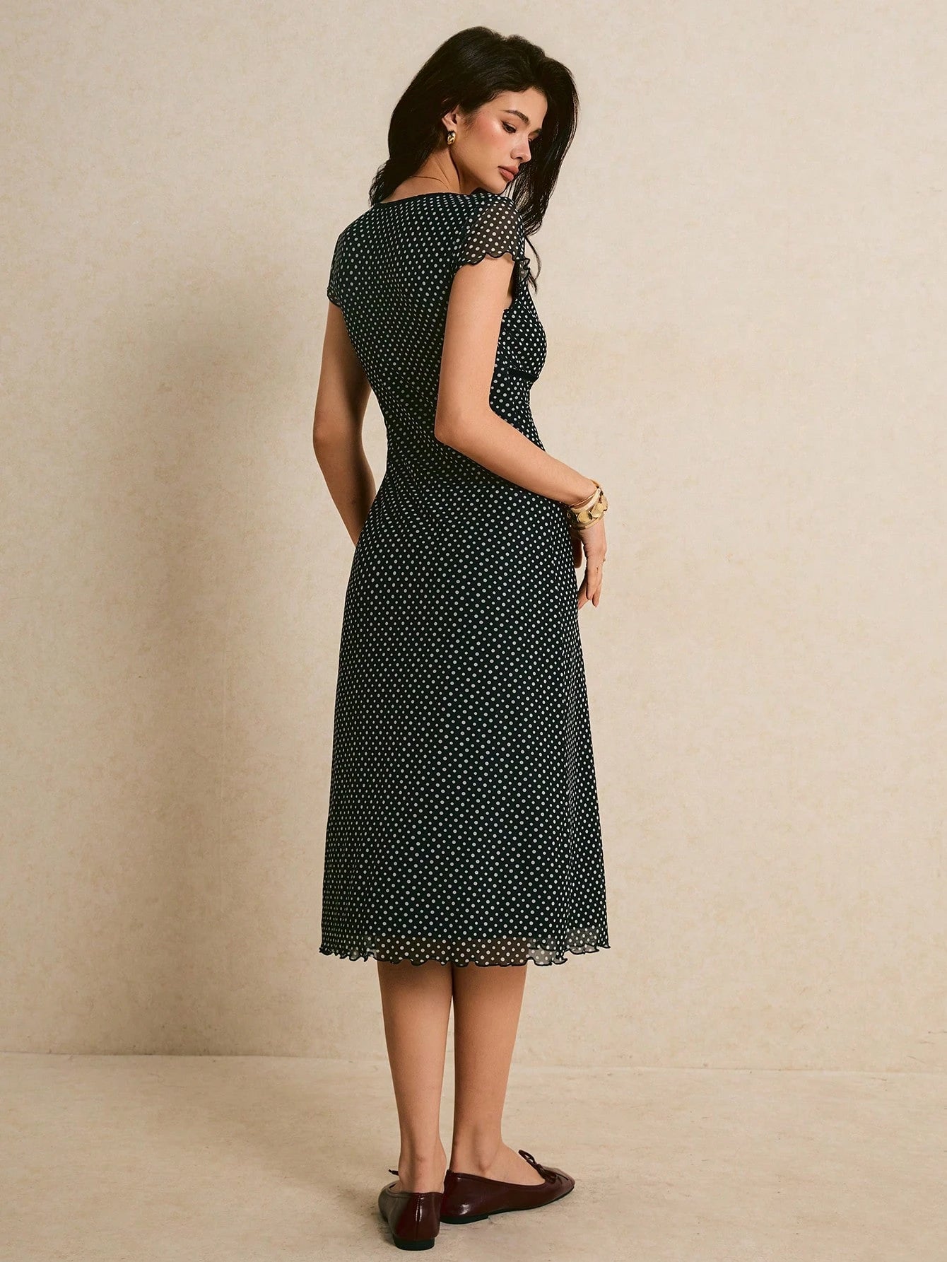 Poéselle Women's Elegant French Black And White Polka Dot Print Mid-Length Dress Summer Poka Chic Business Casual Wedding Brunch Guest