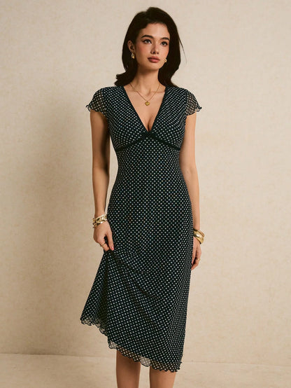 Poéselle Women's Elegant French Black And White Polka Dot Print Mid-Length Dress Summer Poka Chic Business Casual Wedding Brunch Guest