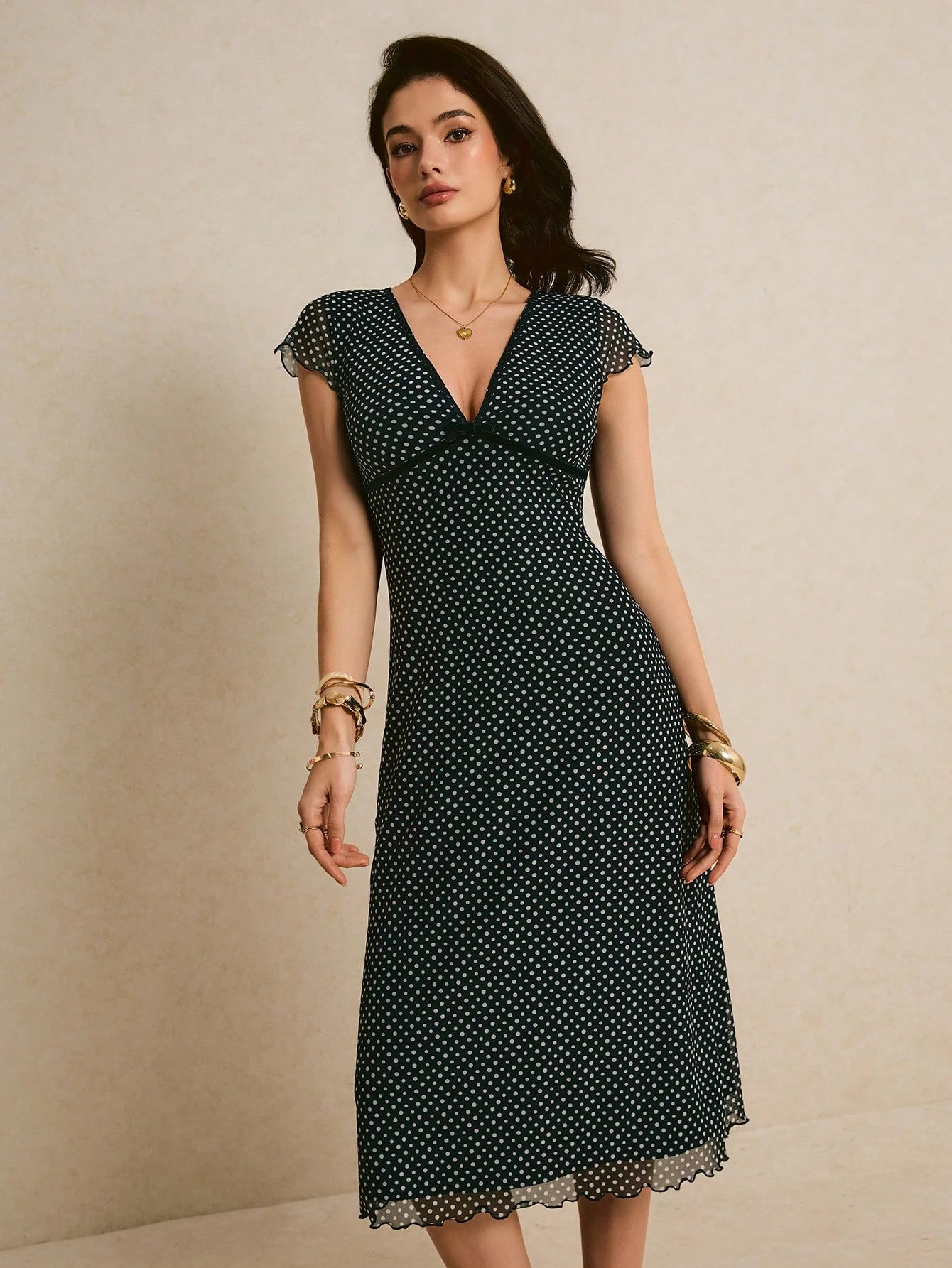 Poéselle Women's Elegant French Black And White Polka Dot Print Mid-Length Dress Summer Poka Chic Business Casual Wedding Brunch Guest