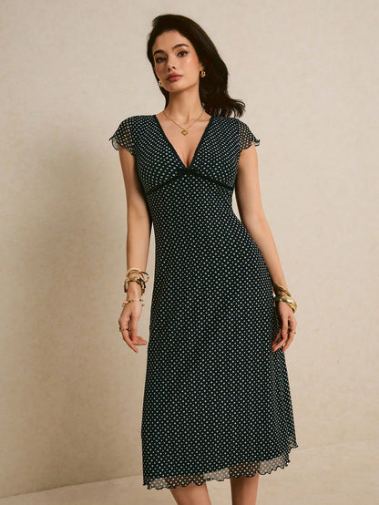 Poéselle Women's Elegant French Black And White Polka Dot Print Mid-Length Dress Summer Poka Chic Business Casual Wedding Brunch Guest