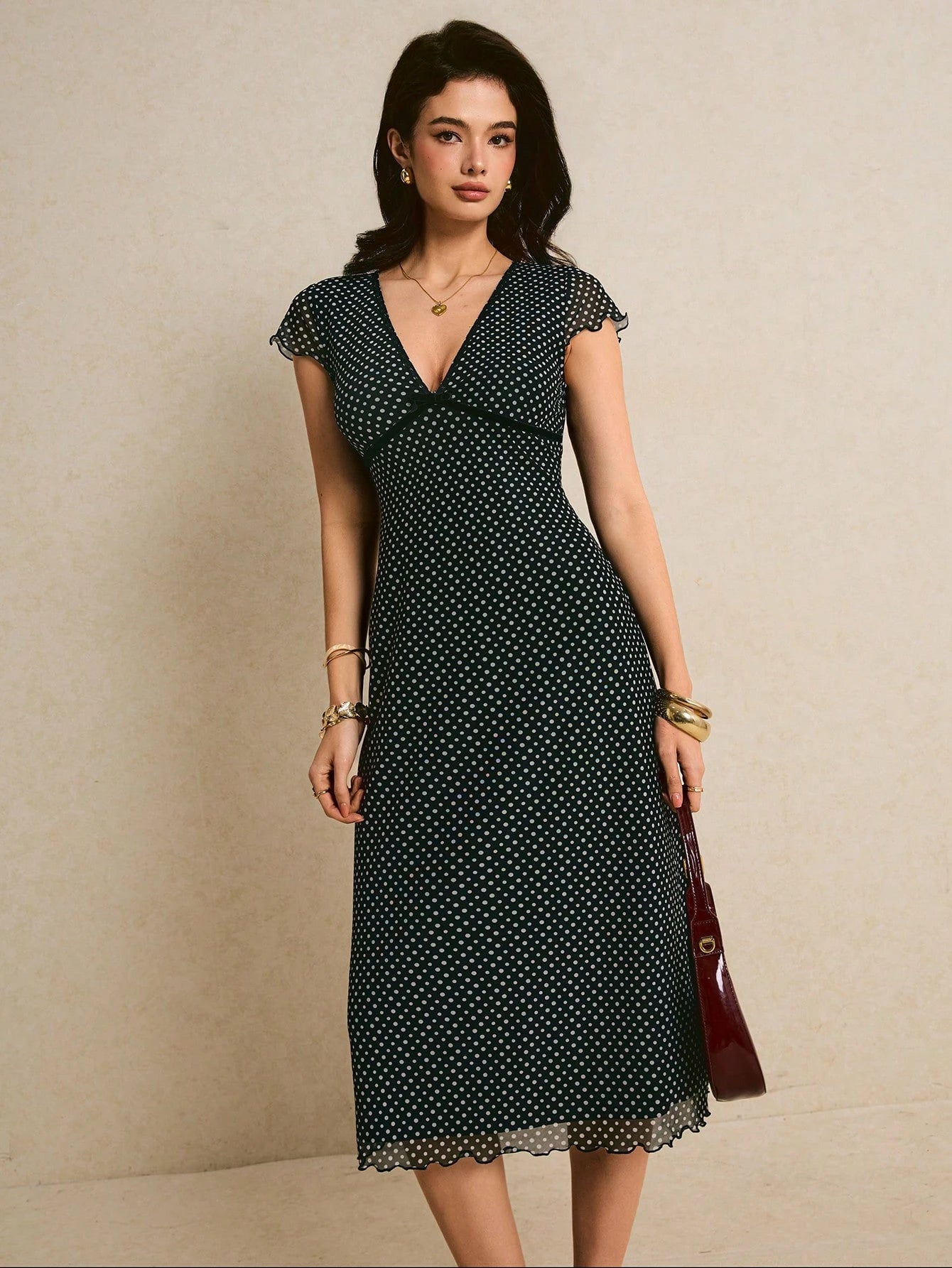 Poéselle Women's Elegant French Black And White Polka Dot Print Mid-Length Dress Summer Poka Chic Business Casual Wedding Brunch Guest