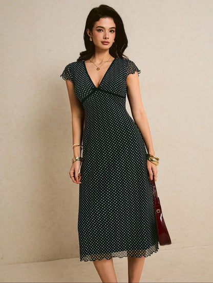 Poéselle Women's Elegant French Black And White Polka Dot Print Mid-Length Dress Summer Poka Chic Business Casual Wedding Brunch Guest