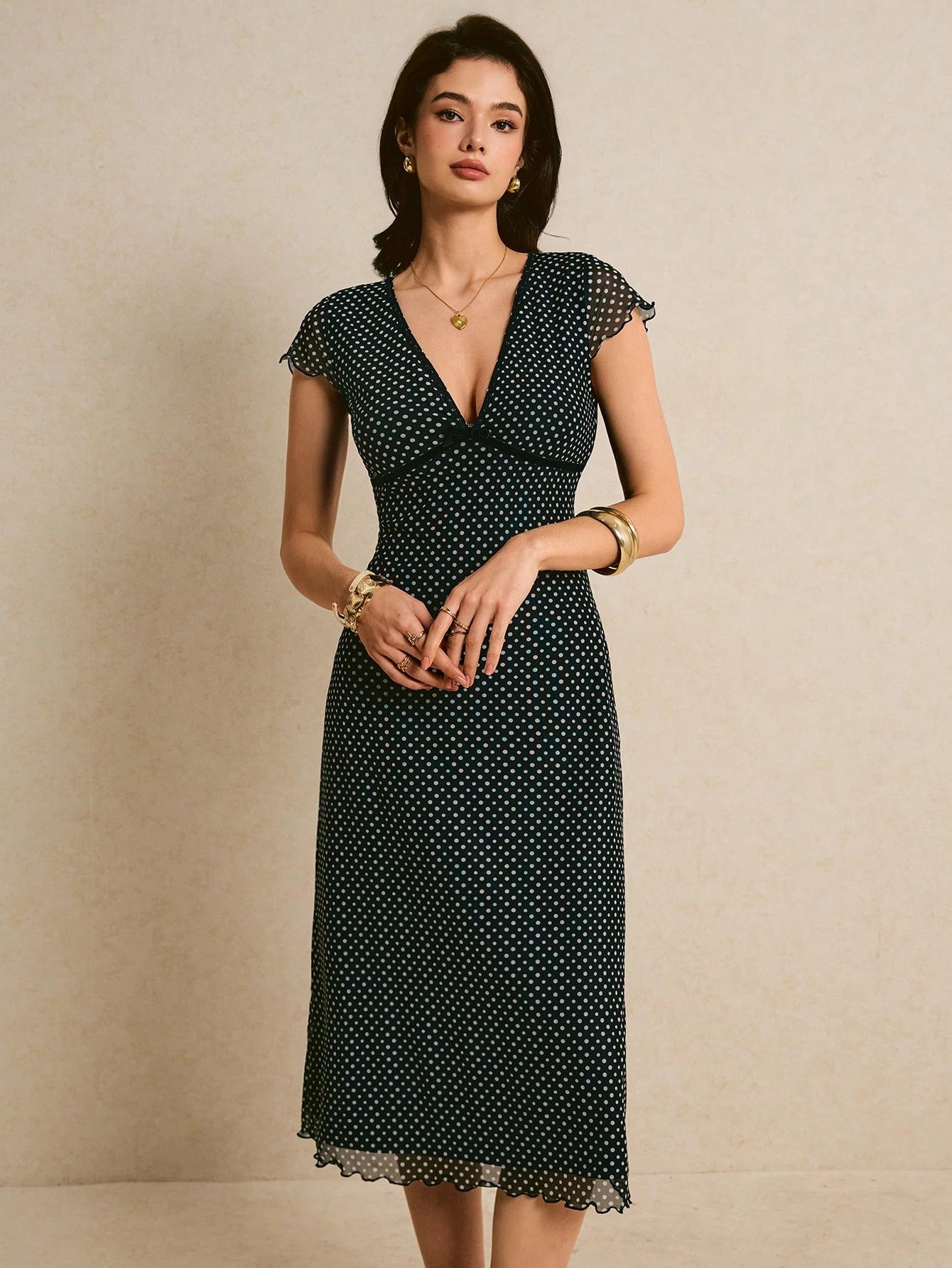 Poéselle Women's Elegant French Black And White Polka Dot Print Mid-Length Dress Summer Poka Chic Business Casual Wedding Brunch Guest