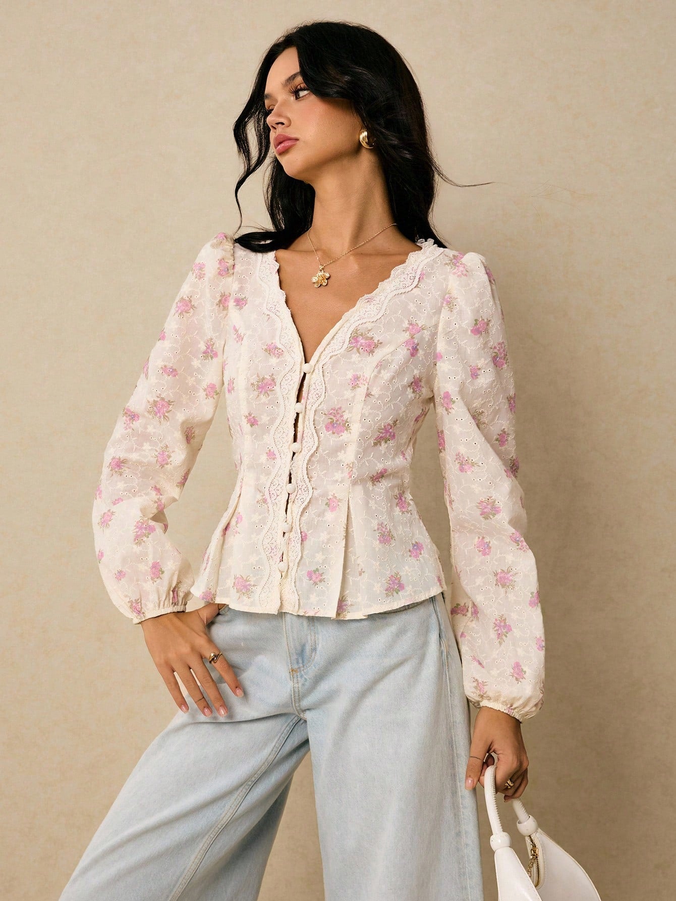 Poéselle Women's Elegant White And Pink Floral Embroidered Shirts,Long Sleeve Button Placket Boho Blouse,Puff Lantern Sleeve Summer Tea Party Streetwear Tops