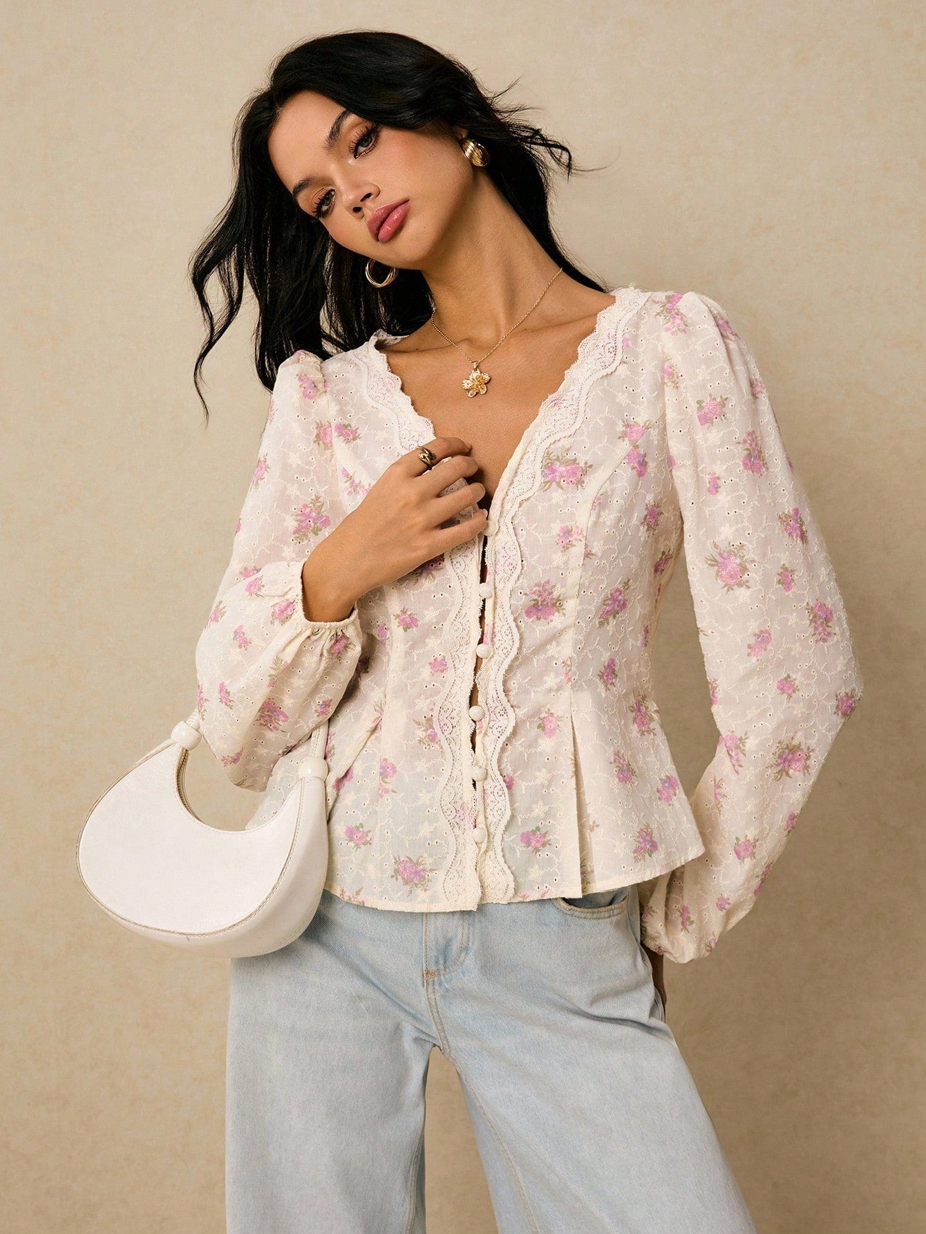 Poéselle Women's Elegant White And Pink Floral Embroidered Shirts,Long Sleeve Button Placket Boho Blouse,Puff Lantern Sleeve Summer Tea Party Streetwear Tops