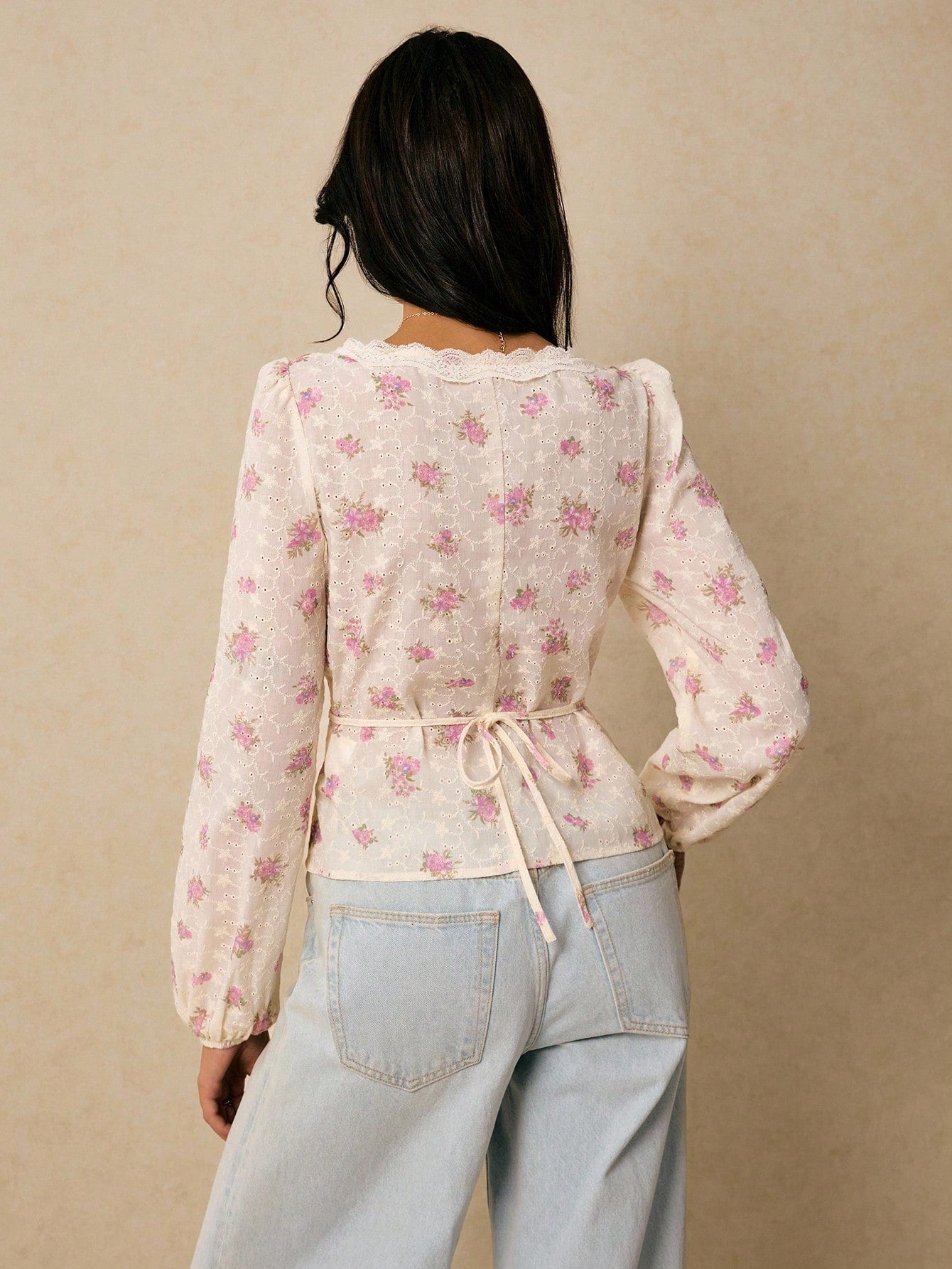 Poéselle Women's Elegant White And Pink Floral Embroidered Shirts,Long Sleeve Button Placket Boho Blouse,Puff Lantern Sleeve Summer Tea Party Streetwear Tops