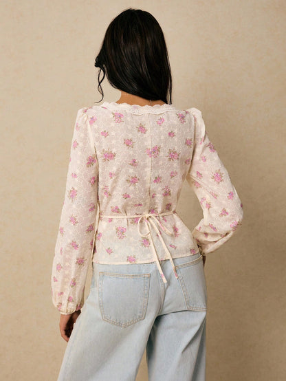 Poéselle Women's Elegant White And Pink Floral Embroidered Shirts,Long Sleeve Button Placket Boho Blouse,Puff Lantern Sleeve Summer Tea Party Streetwear Tops