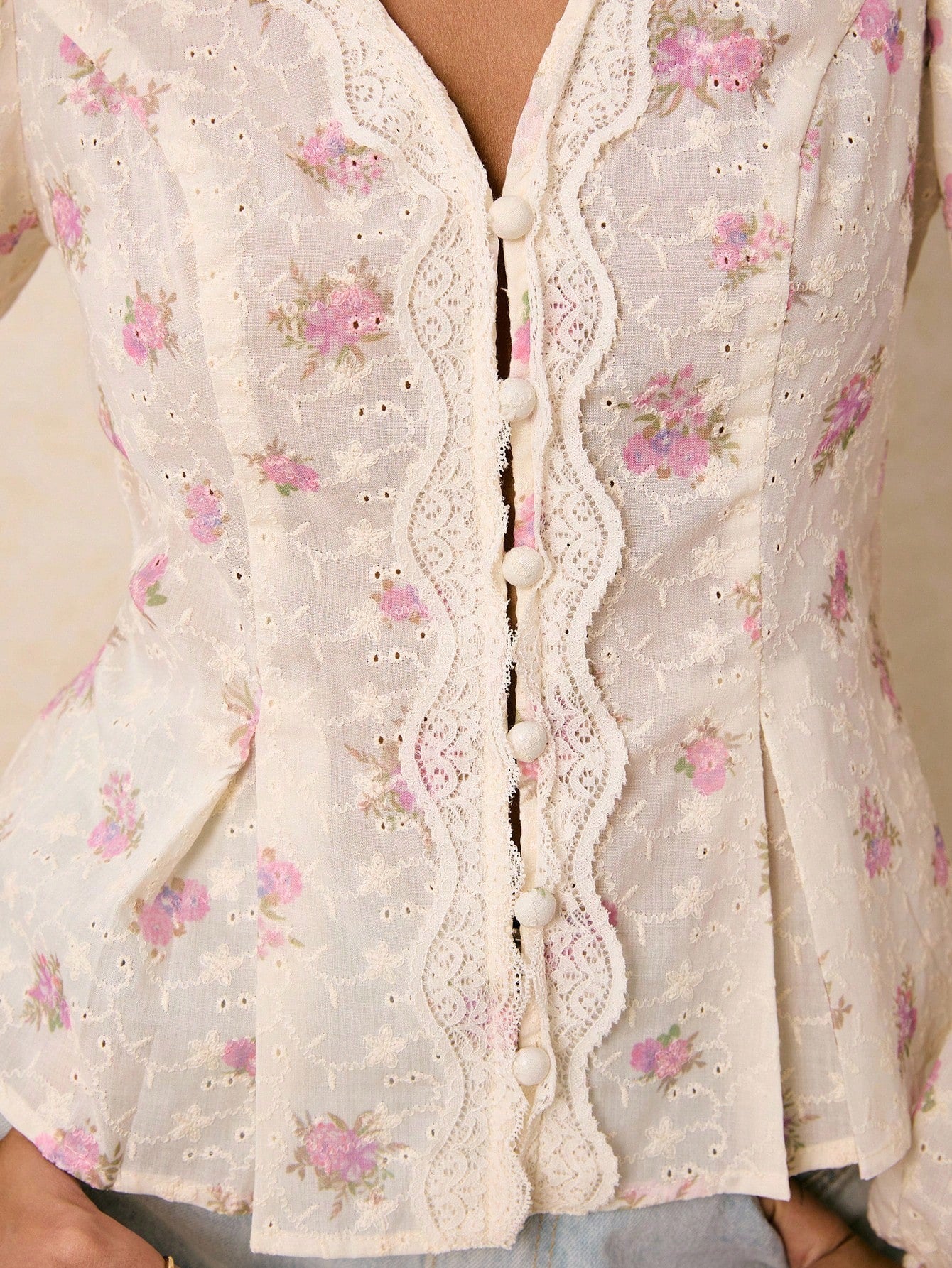Poéselle Women's Elegant White And Pink Floral Embroidered Shirts,Long Sleeve Button Placket Boho Blouse,Puff Lantern Sleeve Summer Tea Party Streetwear Tops