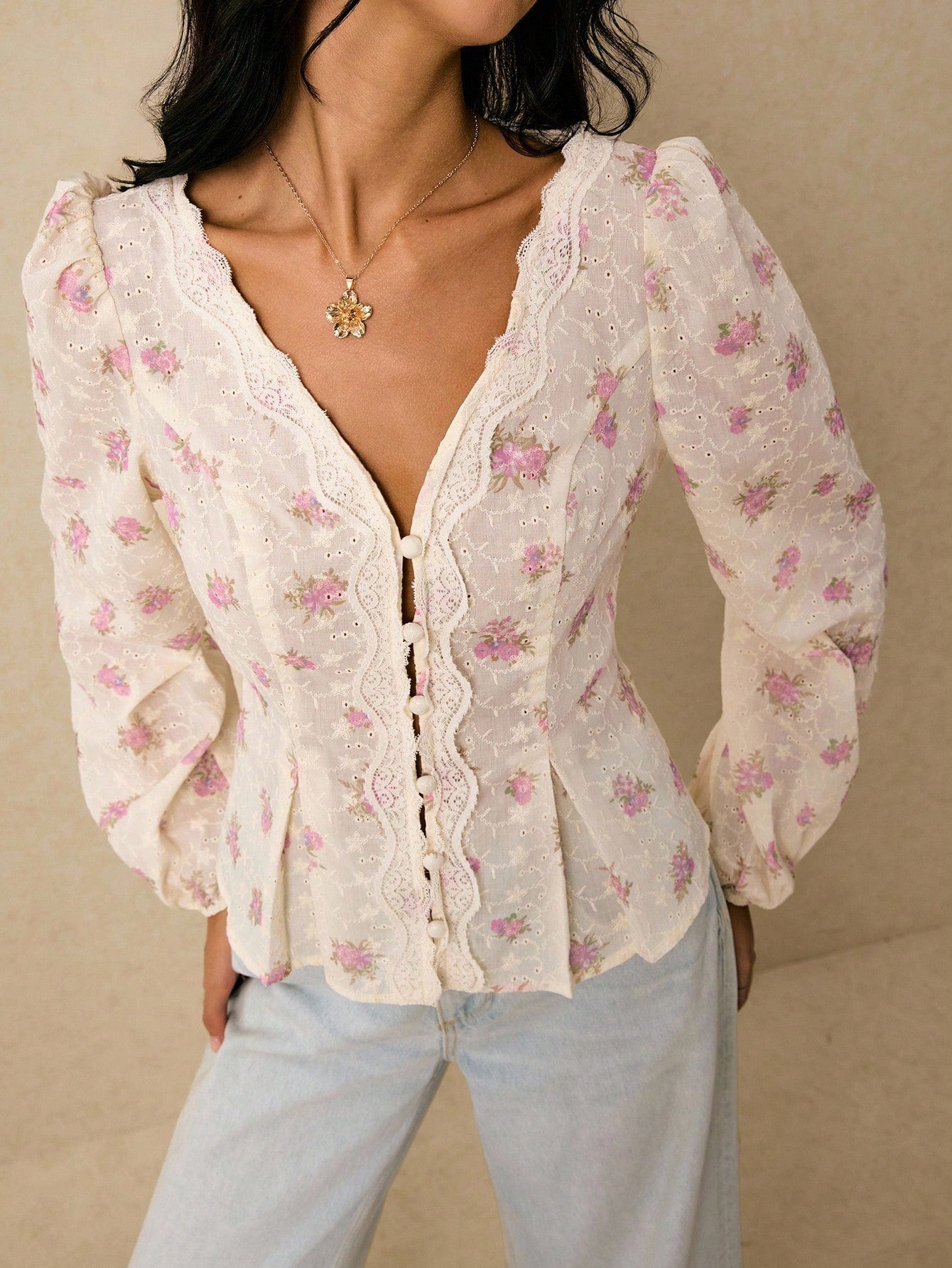 Poéselle Women's Elegant White And Pink Floral Embroidered Shirts,Long Sleeve Button Placket Boho Blouse,Puff Lantern Sleeve Summer Tea Party Streetwear Tops