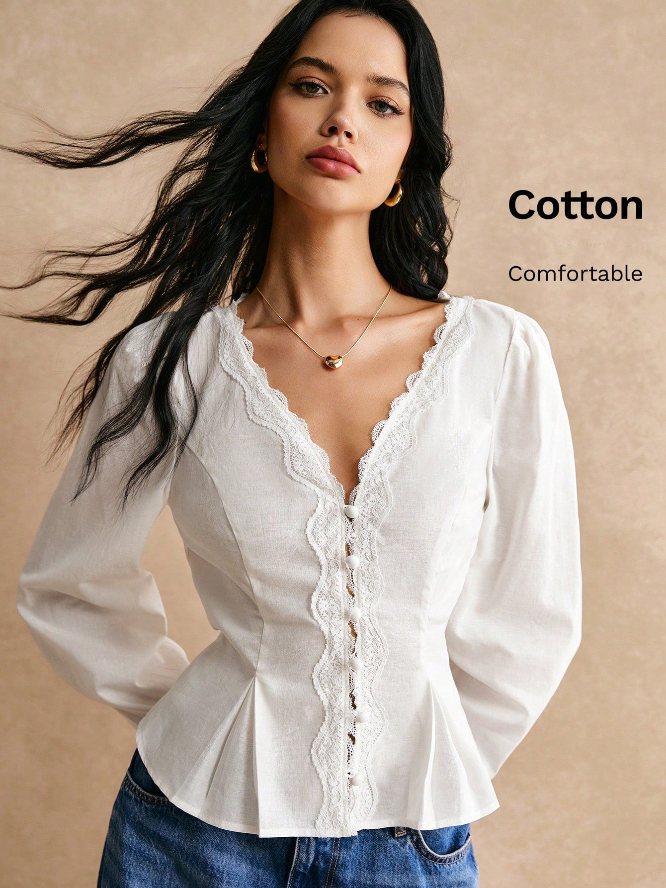 Poéselle Women's Elegant White And Pink Floral Embroidered Shirts,Long Sleeve Button Placket Boho Blouse,Puff Lantern Sleeve Summer Tea Party Streetwear Tops