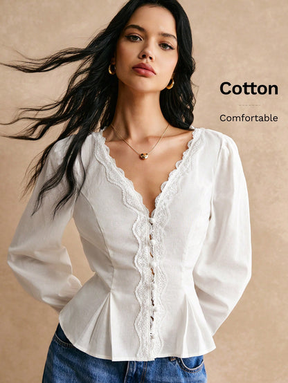 Poéselle Women's Elegant White And Pink Floral Embroidered Shirts,Long Sleeve Button Placket Boho Blouse,Puff Lantern Sleeve Summer Tea Party Streetwear Tops