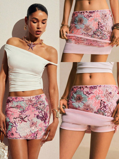 Poéselle Women's Fashion Colorblock Sequin Decor Mini Skirt, Suitable For Vacation, Summer Beach Holiday
