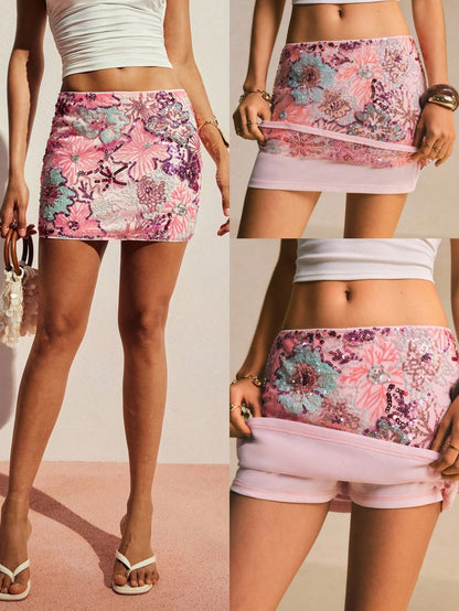 Poéselle Women's Fashion Colorblock Sequin Decor Mini Skirt, Suitable For Vacation, Summer Beach Holiday