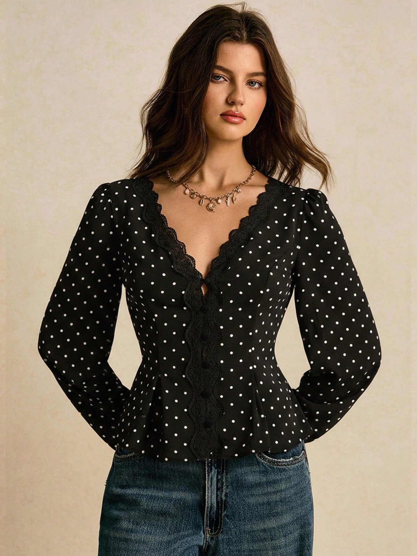Poéselle Women's V-Neck Lace Patchwork Long Sleeve Polka Dot Waist Shirt, Western Tops Women, Polkadot Top, Black Western Top