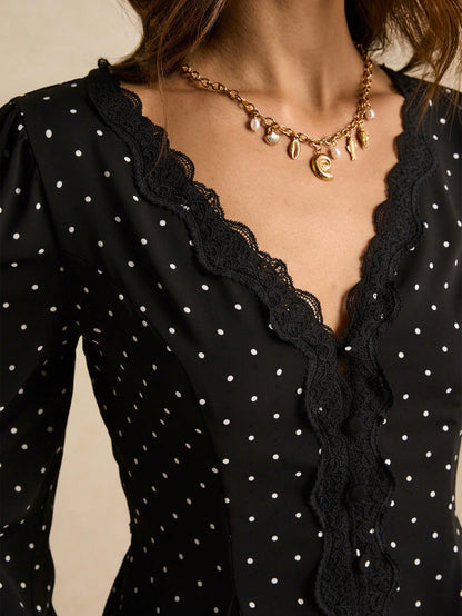 Poéselle Women's V-Neck Lace Patchwork Long Sleeve Polka Dot Waist Shirt, Western Tops Women, Polkadot Top, Black Western Top